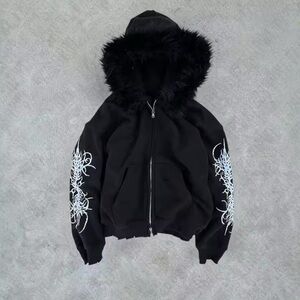 Black Hooded Jacket with Fur Trim